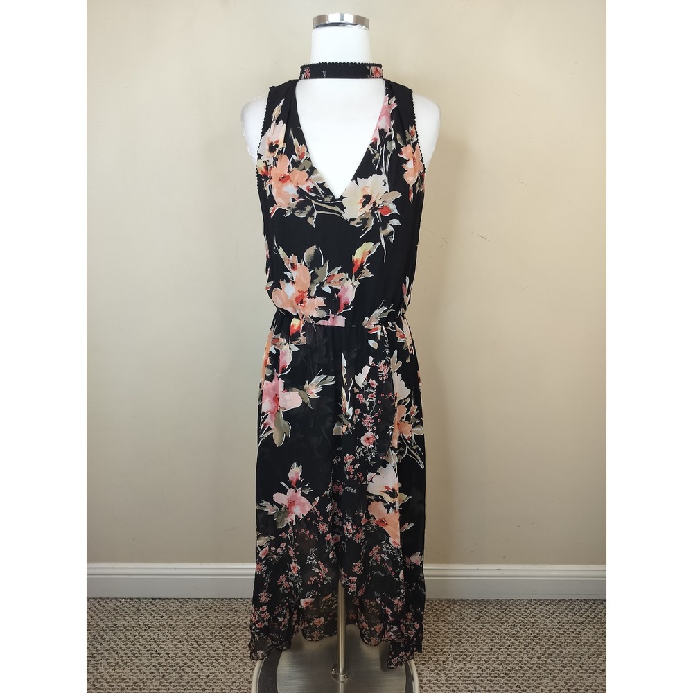 White House Black Marker Floral Maxi Dress 6 Choker Neck Ruffled  High-Low